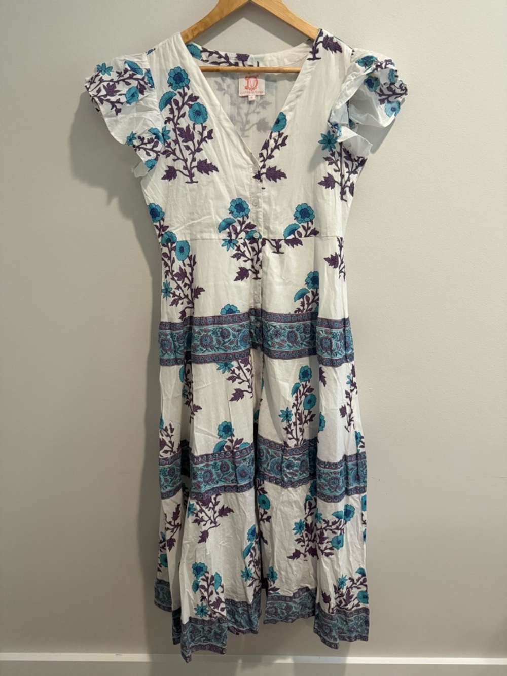 Victoria Dunn Long Maxi Dress White Blue Flowy Block Print Size Small Boho